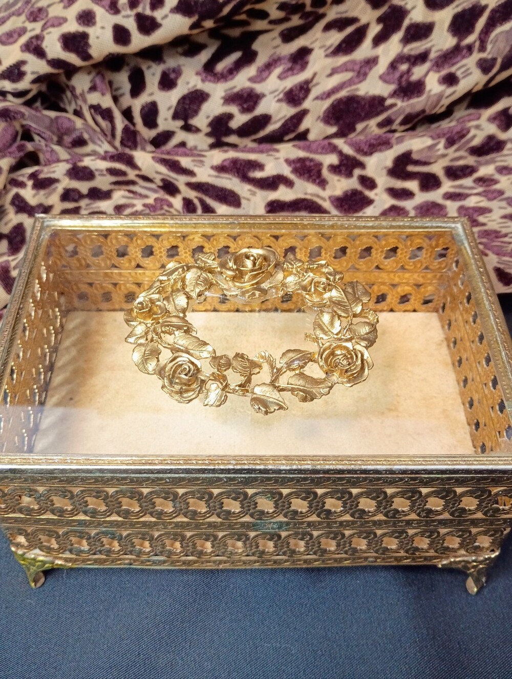 Vintage Gold Filigree Ormalu Vanity Accessory Box